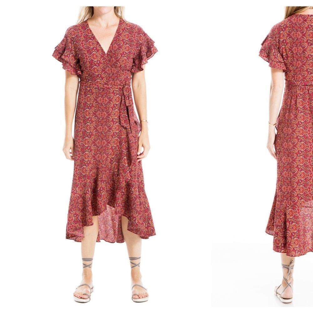 MEW Max Studio Ruffle Crepe High/Low Wrap Midi Dress Size Extra Small